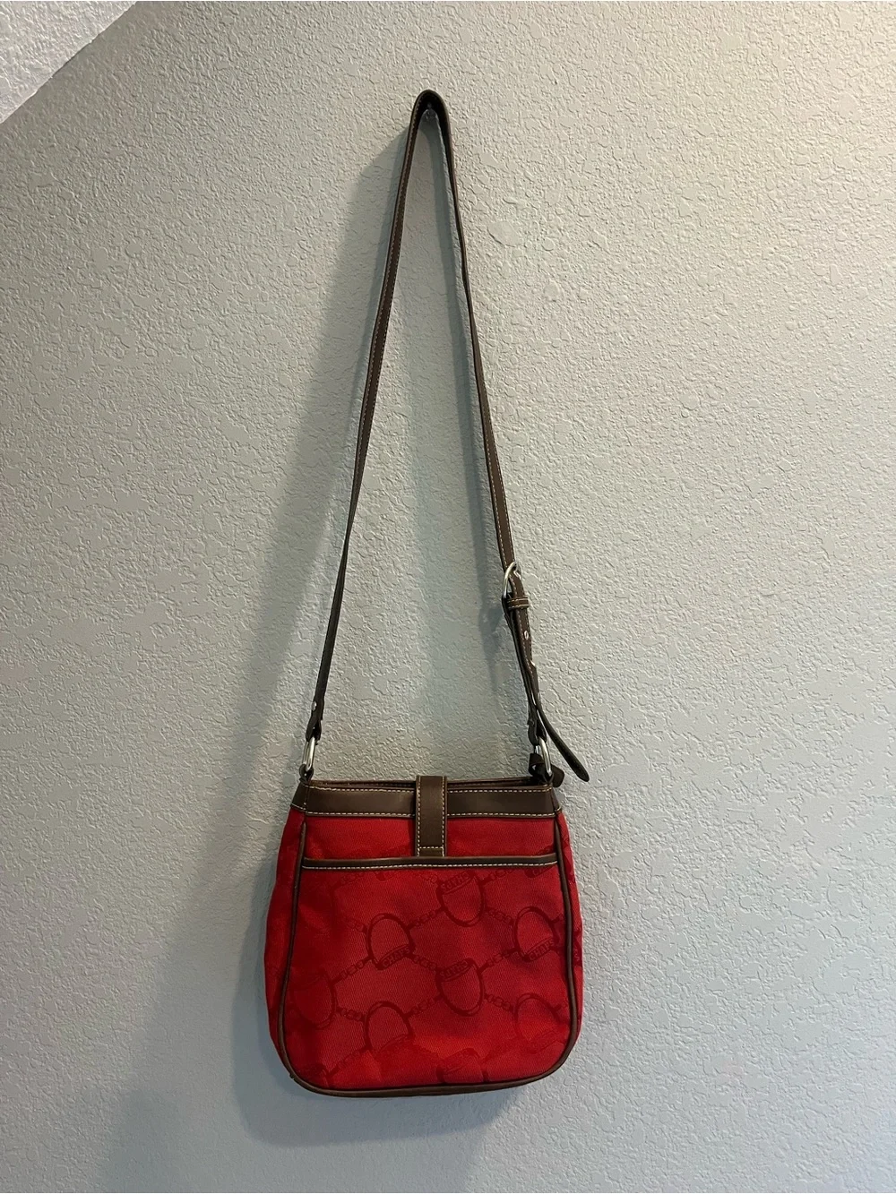 Chaps Red Shoulder Bag with Brown Trim and Buckle Detail